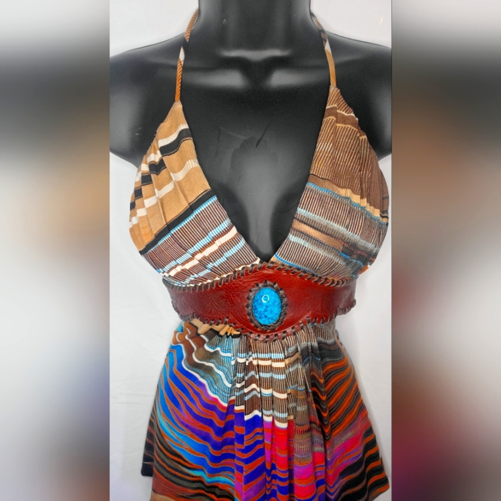 Leather & Torquiose South Western Tribal Halter Top
